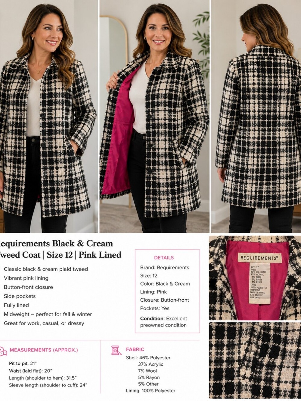 Requirements Black Cream Plaid Tweed Coat Jacket Women Size 12 Pink Lined Pocket